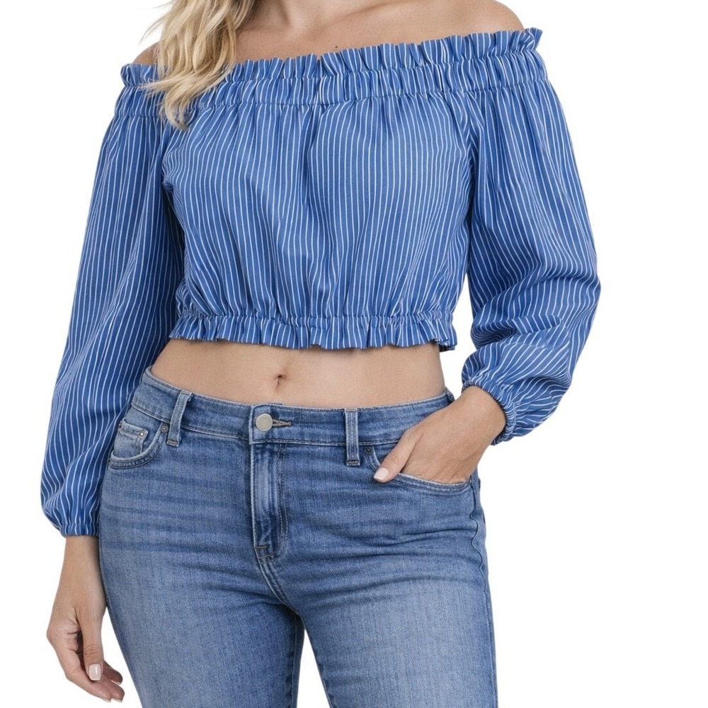 Paper Moon Off Shoulder Crop Top Women Medium Blue White Striped Long Sleeve